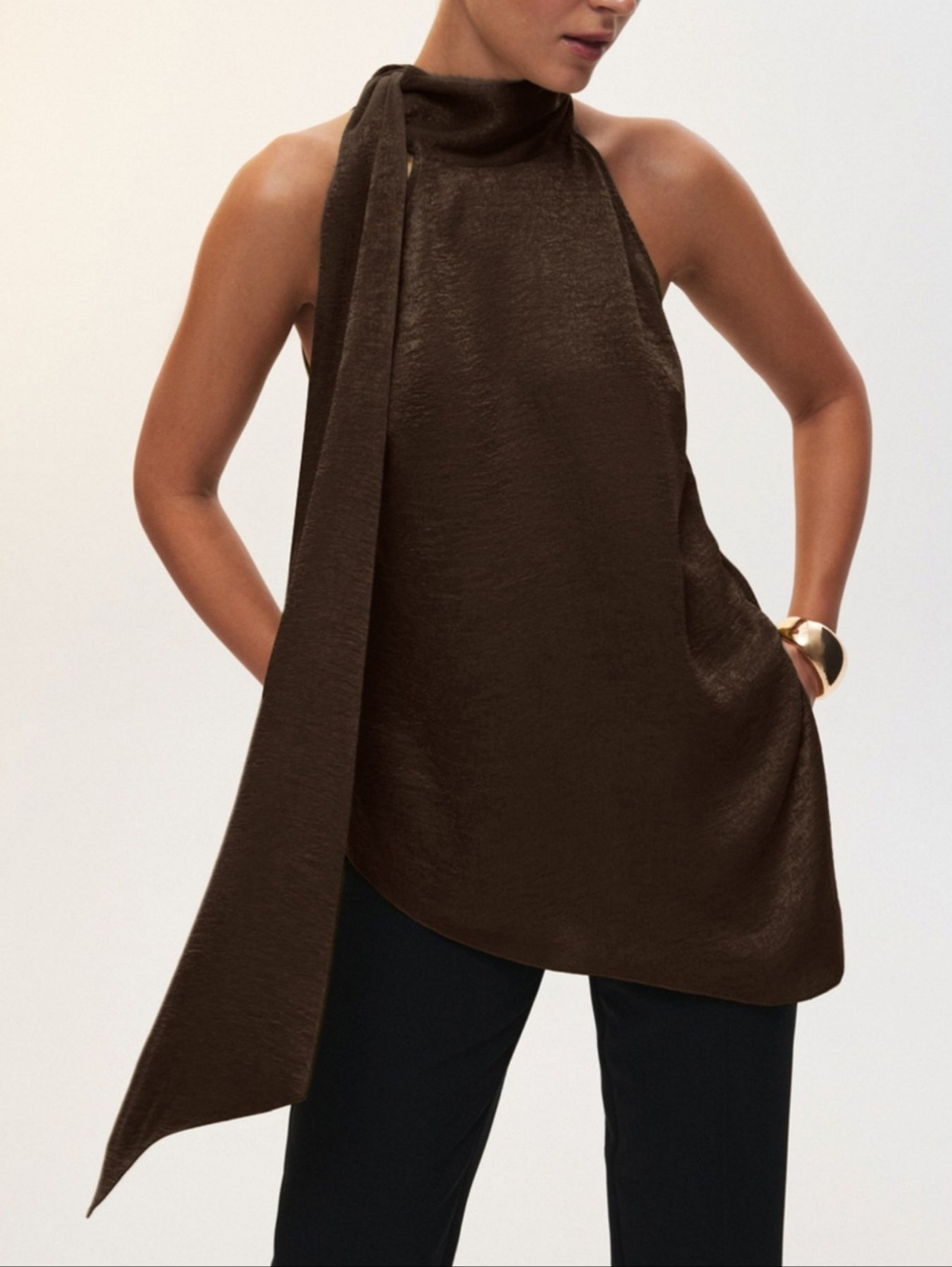 High-Neck Tie Halter Top - Chocolate Brown - Picture 11 of 12